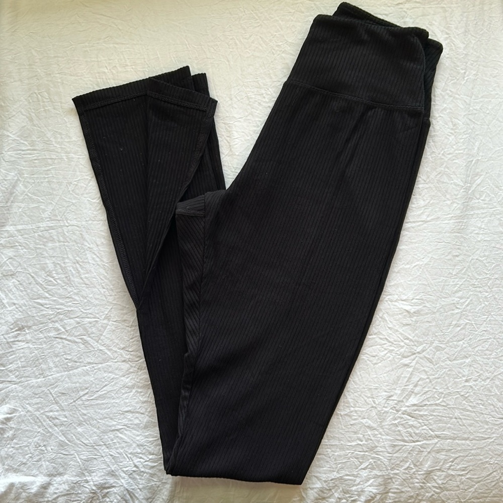 BLACK RIBBED 9 To 5 SLIT LEG PANT LEGGINGS - Picture 2 of 3